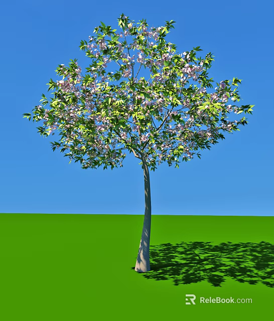 Tall Arbor with Green Leaves and Pink Flowers Against Blue Sky and Green Grass 3d model 