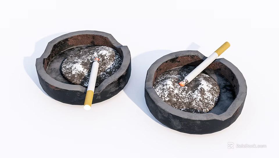 Decorative Ashtray Set With Black Ceramic Holders And Cigarette Ash Butts 3d model 