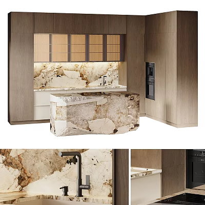 Modern Kitchen Cabinets With Wooden Finish Marble Countertop And Built in Appliances 3d model