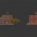 Red Brick Apartment Buildings With Gray Roofs Street Scene Trees And Fallen Leaves