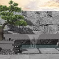 Modern Landscape Wall Design With Natural Stone Water Feature Pine Tree And Soft Lighting