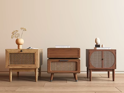 Wooden Bedside Tables With Rattan Panels Drawer Storage Books And Decorative Vase 3d model
