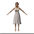 Woman with brown hair wearing white dress golden belt arm cuffs standing barefoot arms outstretched