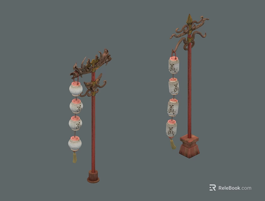 Traditional Chinese Lantern Structures With Red Poles Dragon Decorations And White Lanterns 3d model 