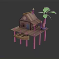 Wooden Cabin on Stilts with Brown Roof Blue Door Green Palm Tree and Boat