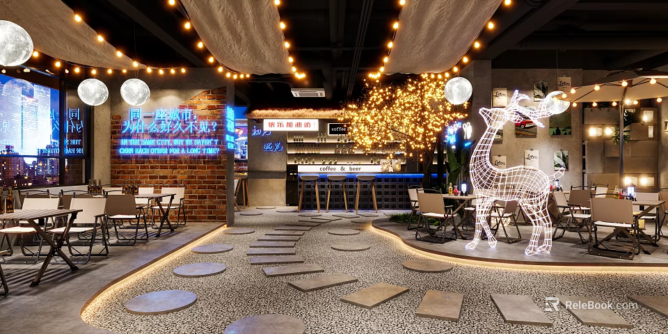 Cozy Bar Interior With Fairy Lights Deer Decoration And Stone Path 3d model 