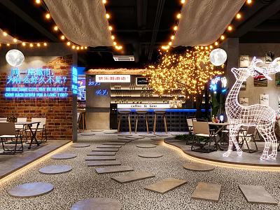 Cozy Bar Interior With Fairy Lights Deer Decoration And Stone Path 3d model
