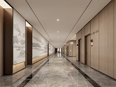 Modern Hotel Corridor With Wooden Walls Marble Flooring And Decorative Paintings 3d model