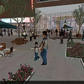 Vibrant Modern Commercial Street with Pedestrians Outdoor Seating Flower Beds and Illuminated Storefronts