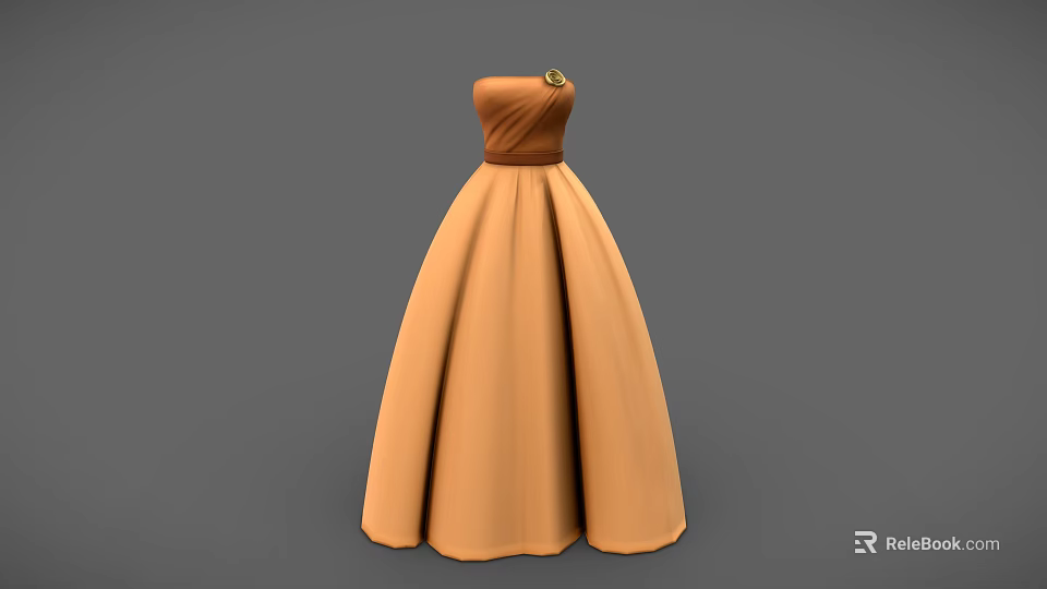 Elegant Strapless Tan Dress with Waist Flower Detail and Full Skirt 3d model 