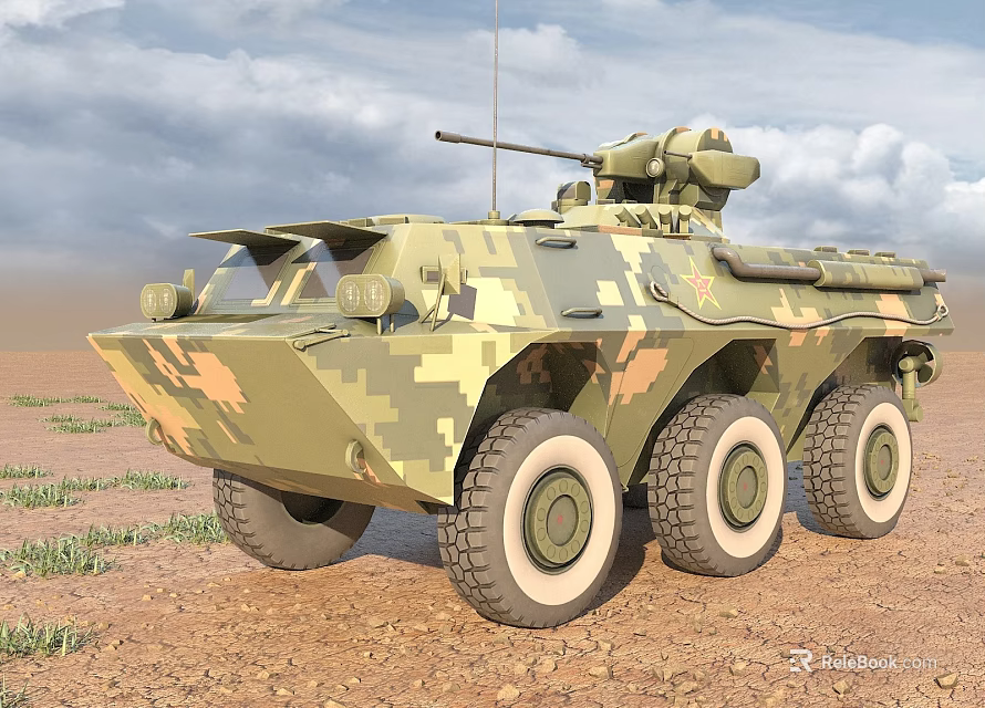 Military Camouflage Armored Vehicle With Six Wheels And Weapon Turret In Desert Terrain 3d model 