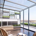 Modern Outdoor Glass Corridor With Landscaped Plants And Paved Walkway