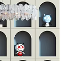 Modern Blue Sofa and Coffee Table Set with Pillows Decorative Items Bookshelf and Chandelier