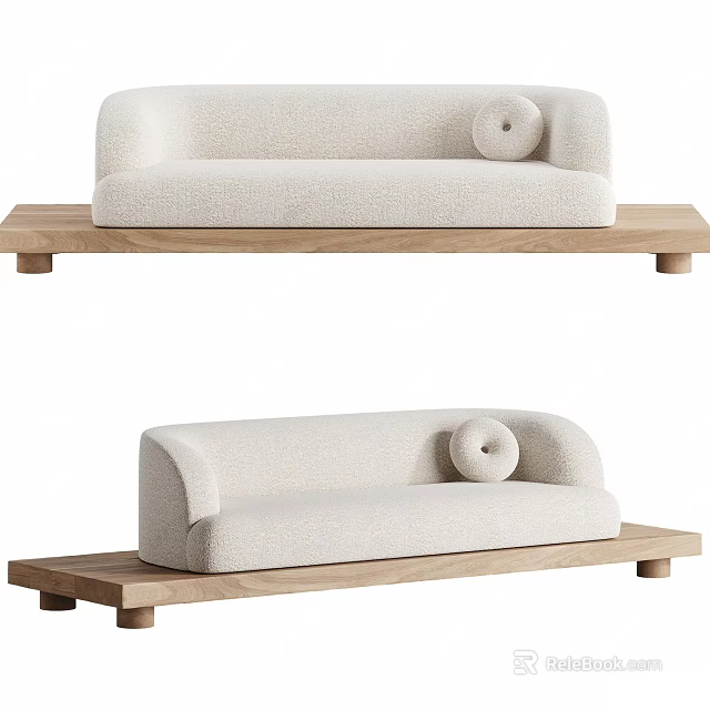 Modern Three Seater Sofa with Cream Fabric Upholstery Wooden Base and Round Cushion 3d model 