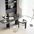 Modern Home Office Interior Design With Marble Top Desk Two Chairs Laptop Lamp And Telescope