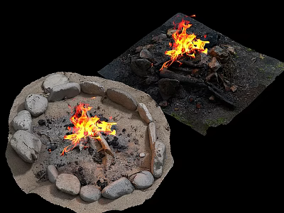 Outdoor Stone Enclosed Circular Fire Pit with Burning Flames Wood Logs and Ash on Grass 3d model