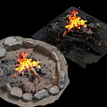 Outdoor Stone Enclosed Circular Fire Pit with Burning Flames Wood Logs and Ash on Grass