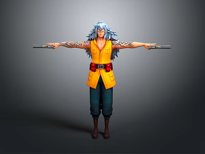 Blue Haired Character In Yellow Vest With Red Belt And Arm Tattoos Holding Dual Sticks 3d model