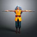 Blue Haired Character In Yellow Vest With Red Belt And Arm Tattoos Holding Dual Sticks