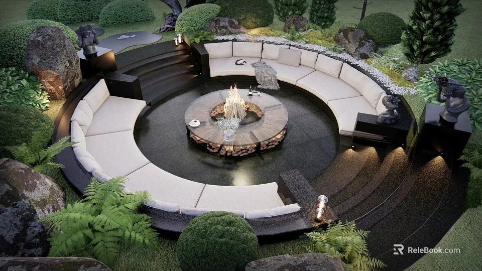 Garden Landscape Featuring Circular Seating Area Central Fire Pit Stone Steps And Lush Green Plants 3d model 