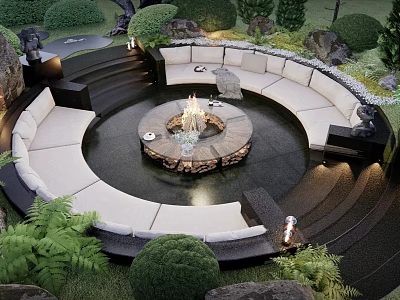 Garden Landscape Featuring Circular Seating Area Central Fire Pit Stone Steps And Lush Green Plants 3d model