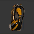 Futuristic Orange And Black Armored Backpack With Mechanical Structure And Reflective Surface Design