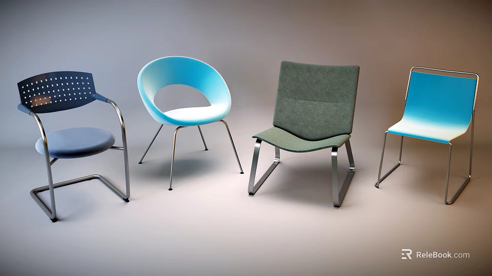 Modern Single Chairs With Various Designs Blue Green Colors And Metal Legs 3d model 
