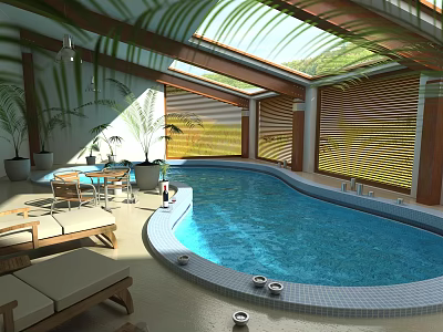 Indoor Swimming Pool Area With Lounge Chairs Tables And Green Plants Under Skylights 3d model