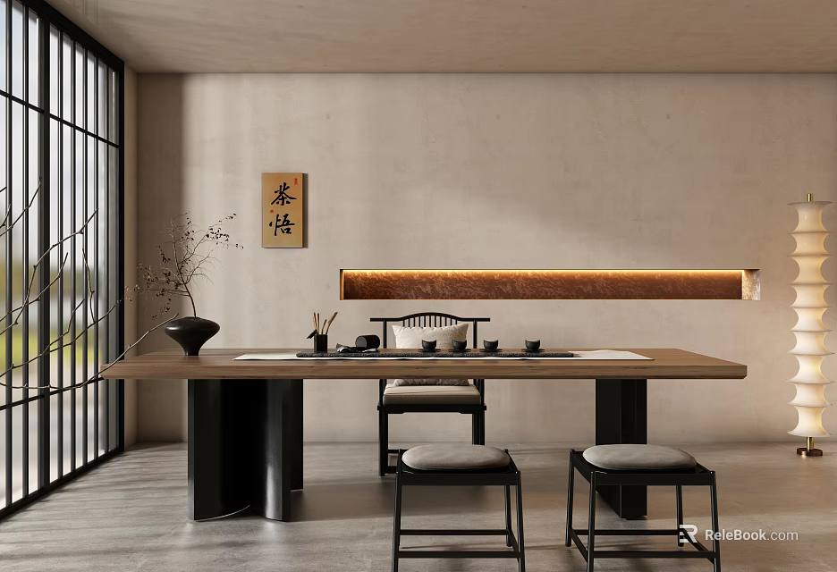 Traditional Japanese Tea Room Interior With Long Wooden Table Tea Sets And Calligraphy Decor 3d model 