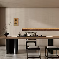 Traditional Japanese Tea Room Interior With Long Wooden Table Tea Sets And Calligraphy Decor