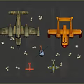 Various Airplane Models In Different Colors Including Helicopter Placed On Gray Display Platform 3d model