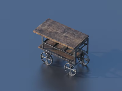 Vintage Two Tier Metal Frame Cart With Wooden Top And Wheels 3d model