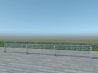 Metal Fence on Wooden Platform with Blue Flower Field and Clear Blue Sky 3d model