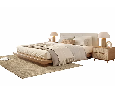 Stylish Modern Bedside Table with Table Lamp and Drawer in Cozy Bedroom with Natural Bedding 3d model