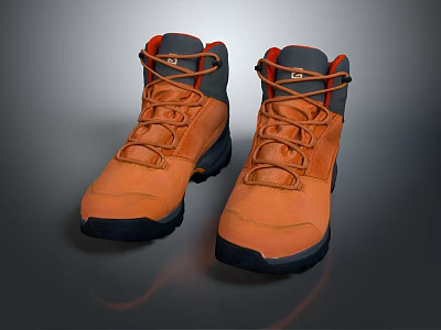 Orange High Top Leather Outdoor Hiking Shoes With Black Thick Soles And Laces 3d model