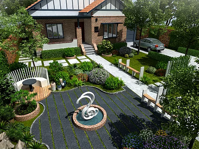 Garden Landscape With Swan Fountain Lush Greenery Stone Pathways Benches And Brick House 3d model
