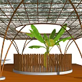 Wooden Pergola with Grid Like Roof Curved Pillars and Central Banana Plant