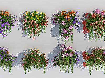 Hanging Flower Baskets With Lush Vibrant Flowers And Trailing Green Plants 3d model