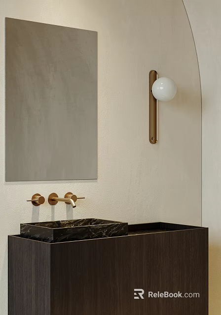 Modern Bathroom Vanity With Black Marble Countertop Square Mirror Brass Faucet And Beige Wall 3d model 