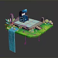 3D Floating Island Scene With Blue Building Geometric Patterns Green Grass Trees Flowers And Waterfall