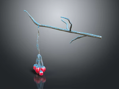 Blue Wooden Branch Decor With Red Pink Stone Fruits And Reflection Design 3d model