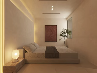 Minimalist Modern Hotel Guest Room With Bed Nightstand Table Lamp Wall Painting And Potted Plant 3d model