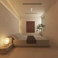 Minimalist Modern Hotel Guest Room With Bed Nightstand Table Lamp Wall Painting And Potted Plant