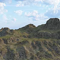 Garden Landscape With Rocky Mountain Slopes And Green Vegetation Under White Clouds Sky