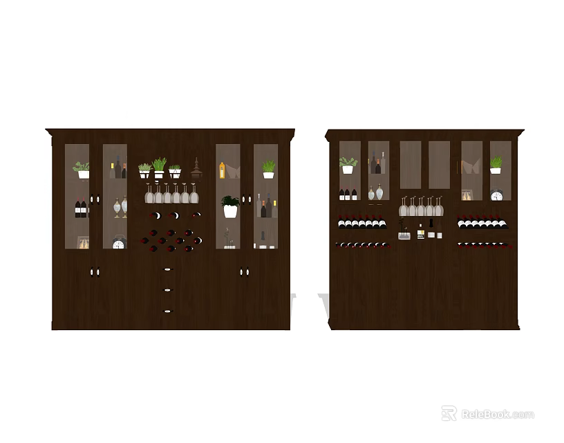 Dark Brown Wooden Wine Cabinet With Glass Doors For Wine Bottles And Glasses 3d model 