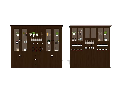 Dark Brown Wooden Wine Cabinet With Glass Doors For Wine Bottles And Glasses 3d model