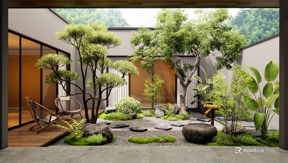 Serene Courtyard Garden With Lush Trees Stones Mossy Areas And Wooden Deck 3d model 