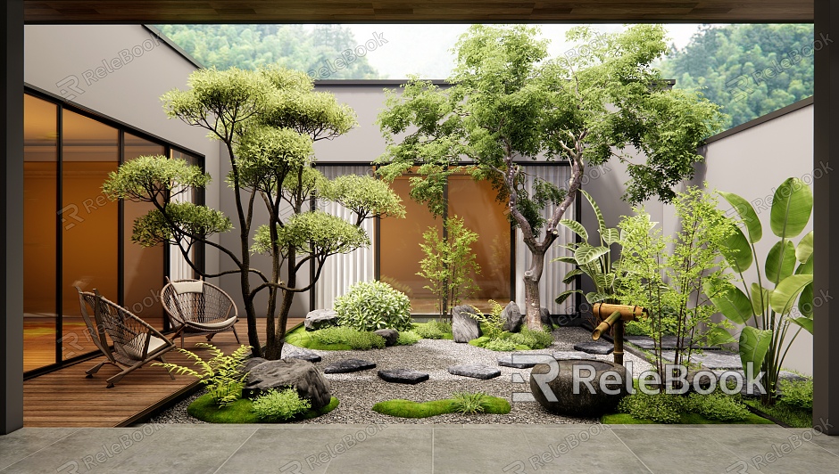 Villa Courtyard Garden Atrium Landscape Landscaping Plant Pile Landscape Tree Outdoor Chair Water Bowl model