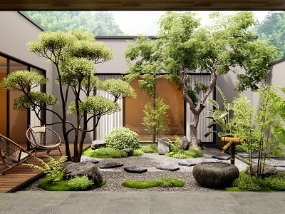 Villa Courtyard Garden Atrium Landscape Landscaping Plant Pile Landscape Tree Outdoor Chair Water Bowl model