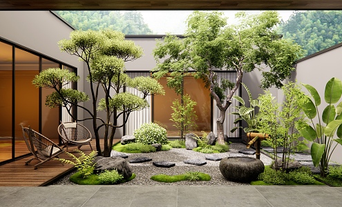 Villa Courtyard Garden Atrium Landscape Landscaping Plant Pile Landscape Tree Outdoor Chair Water Bowl 3d model